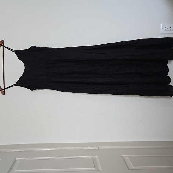 Linen Maxi Dress Black Deep V-Neck Y2K Minimalist - Picture 9 of 10